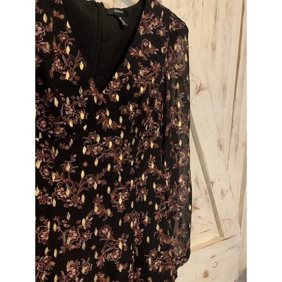 Aqua Floral Metallic Gold Print V-Neck Cocktail Party Mini Dress Long Sleeves XS - Picture 2 of 16